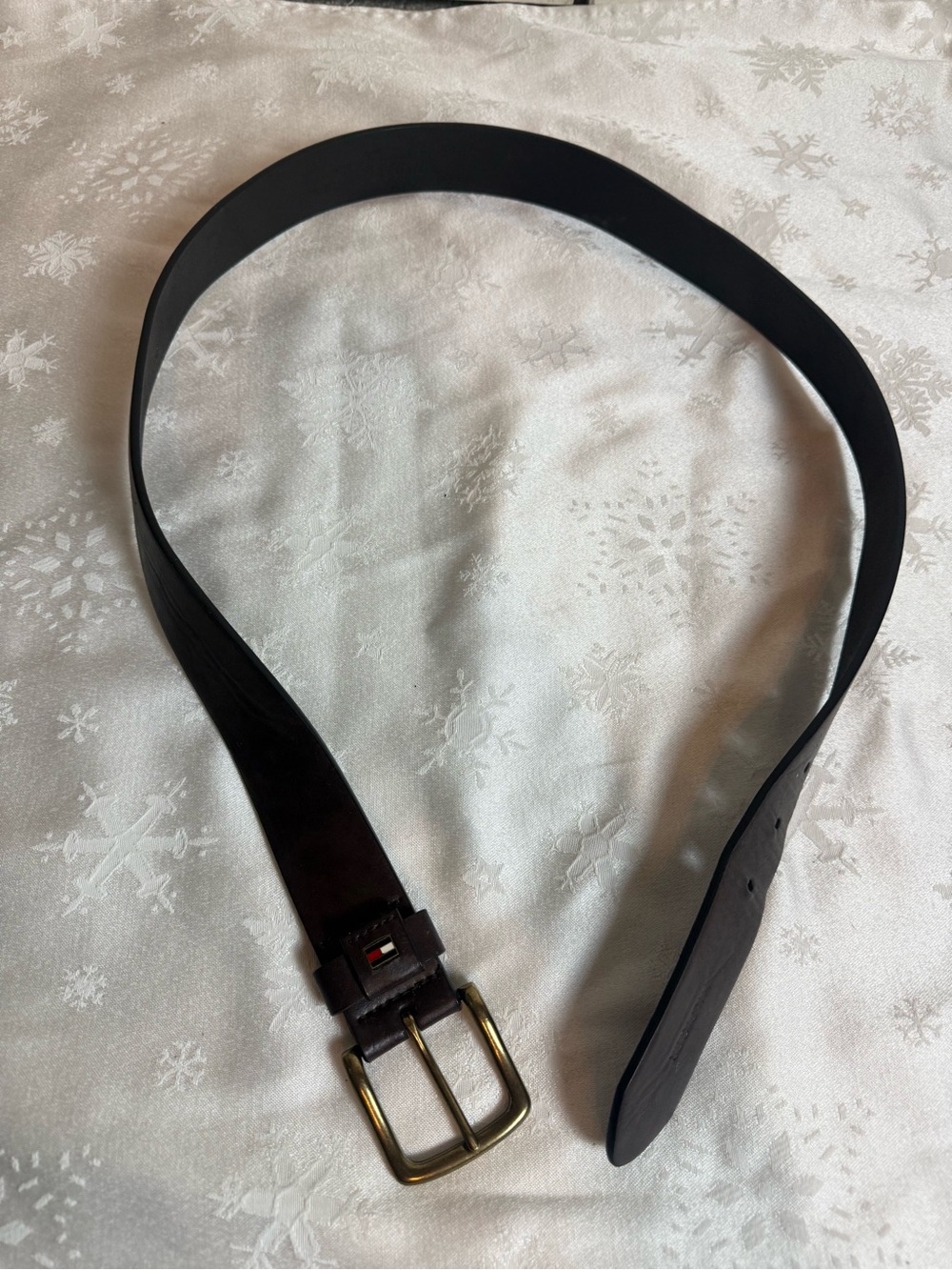 Tommy Hilfiger Brown Leather Belt Brass Buckle Flag Logo 90s Preppy Y2K